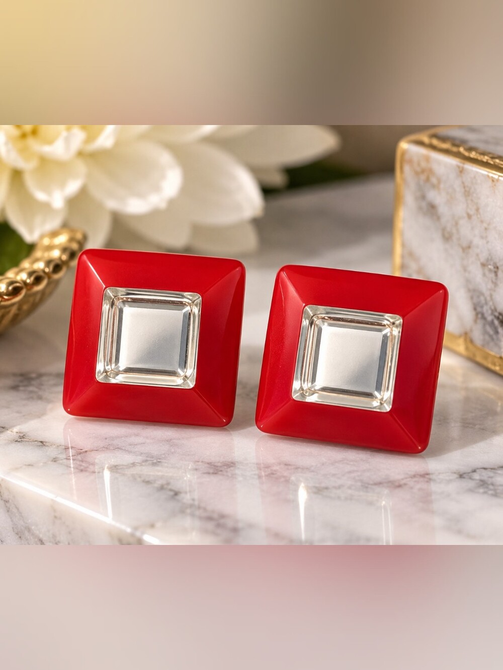 Vintage Red Lucite Geometric Earrings Clear Mirror Accent Retro